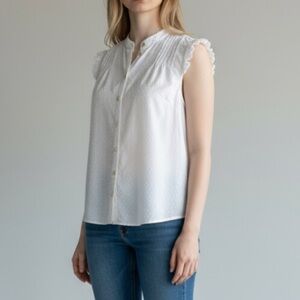 GAP White Textured Dot Sleeveless Ruffle Button Down Top Size S
